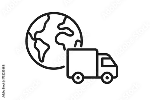 Global delivery logistics concept. Planet Earth with delivery truck minimalistic outline icon for web, graphic design, apps, banners, social network, business cards, worldwide shipping illustration.