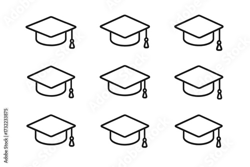 Graduation cap line icon set. Academic mortarboard collection for education and learning. University and college degree ceremony symbol. Student achievement vector illustration.