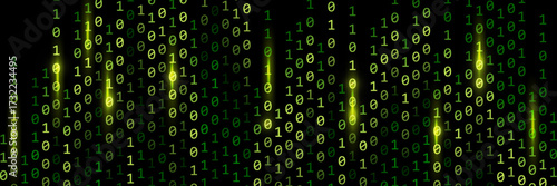 Background binary rain with glimmer and glowing light. Binary code with green light.