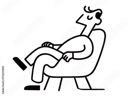 A man sits comfortably in a cozy chair with a relaxed posture, enjoying a serene moment at home, possibly lost in thought or daydreaming.