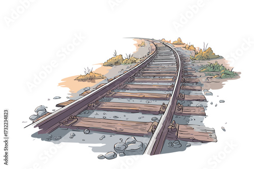 Railway tracks extend into the distance, surrounded by grass and rocks, creating a tranquil scene in a rural area under clear skies.