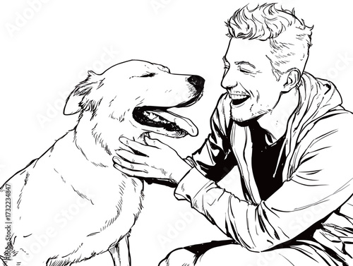 A man smiles as he interacts with his cheerful dog in a cozy indoor space. The dog shows affection while the man pets it, creating a bonding moment.