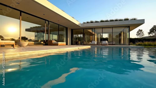 Cinematic tracking shot across pool water reflecting modern house facade.