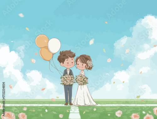 A joyful couple stands together on their wedding day, surrounded by flowers and balloons, with a bright blue sky and fluffy clouds above them.