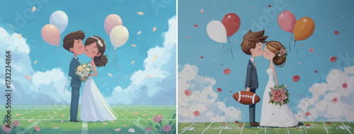 A joyful couple embraces under a clear blue sky, surrounded by colorful balloons and flower petals. They share a tender kiss, marking a special moment in their lives.