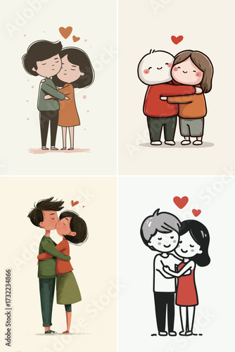 These illustrations feature four pairs of cartoon couples sharing intimate moments. Each couple expresses their love through hugs, kisses, and warm embraces.