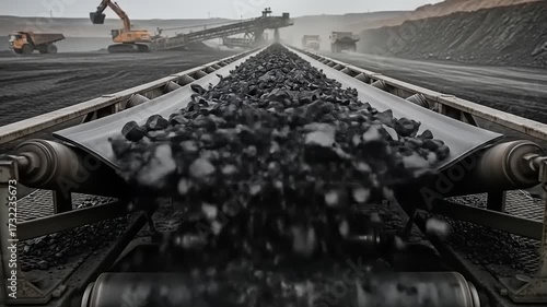 Coal mining conveyor belt transporting black coal rocks in open pit mine.