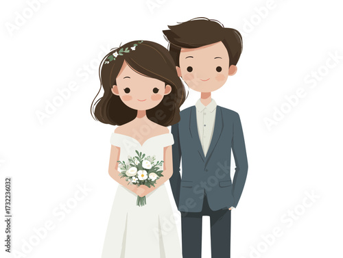Newlywed couple stands together, smiling joyfully. The bride wears a lovely white dress, while the groom is in a stylish suit. Flowers in the brides hands add charm.