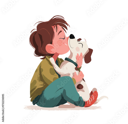 A young child sits on the floor, sharing a loving embrace and a kiss with a small dog. This heartwarming scene captures pure friendship and joy between them.