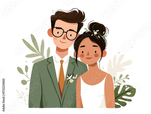 A joyful couple stands side by side at their wedding, dressed elegantly in a suit and a classic white dress, with floral details enhancing the happy scene.