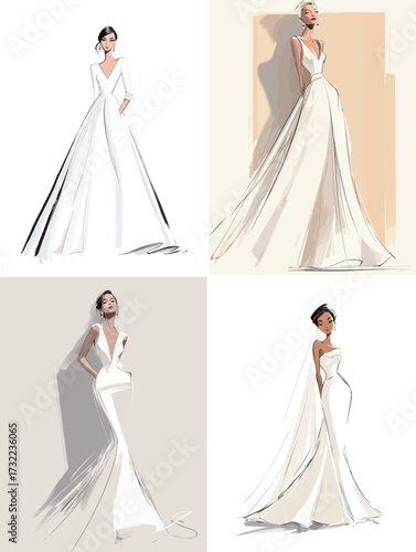 Four stylish sketches showcase modern wedding dress designs with unique silhouettes and graceful lines. The illustrations feature flowing fabrics and minimalist elegance.
