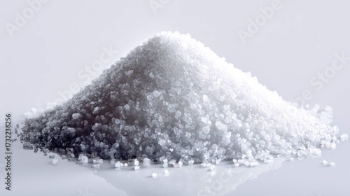 a white salt shaker filled with clear crystals, emphasizing its purity and small size, contrasting with its larger amount in the background