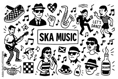 Ska music doodle with dancers, saxophone, trumpet, checkerboard pattern and Jamaican culture elements, Transparent Background