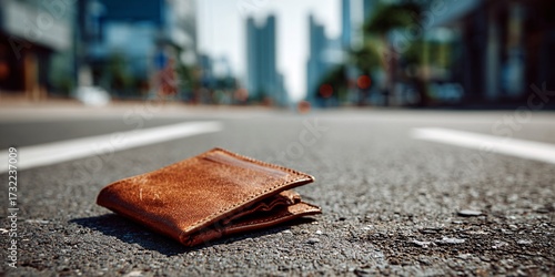abandoned worn-out wallet on crumbling asphalt road symbolizing financial struggles