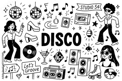Disco doodle composition with dancers, vinyl records, dj, disco ball, boombox and retro party icons, Transparent Background