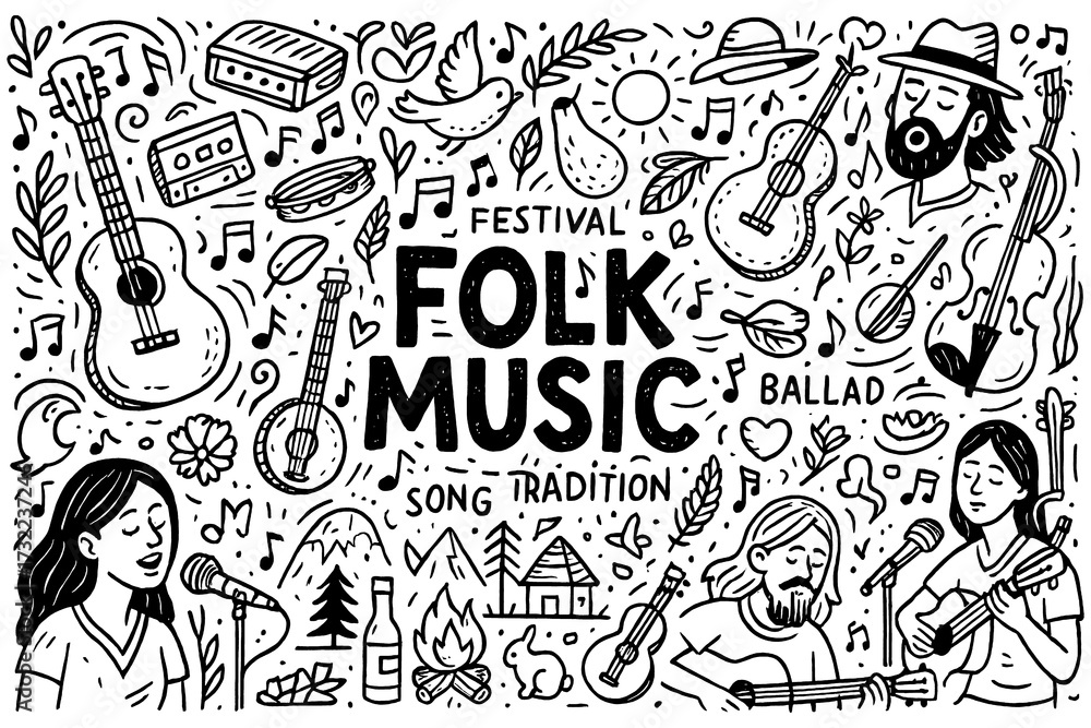 Obraz premium Folk music doodle with singers, guitars, banjo, harmonica, campfire and traditional song elements, Transparent Background