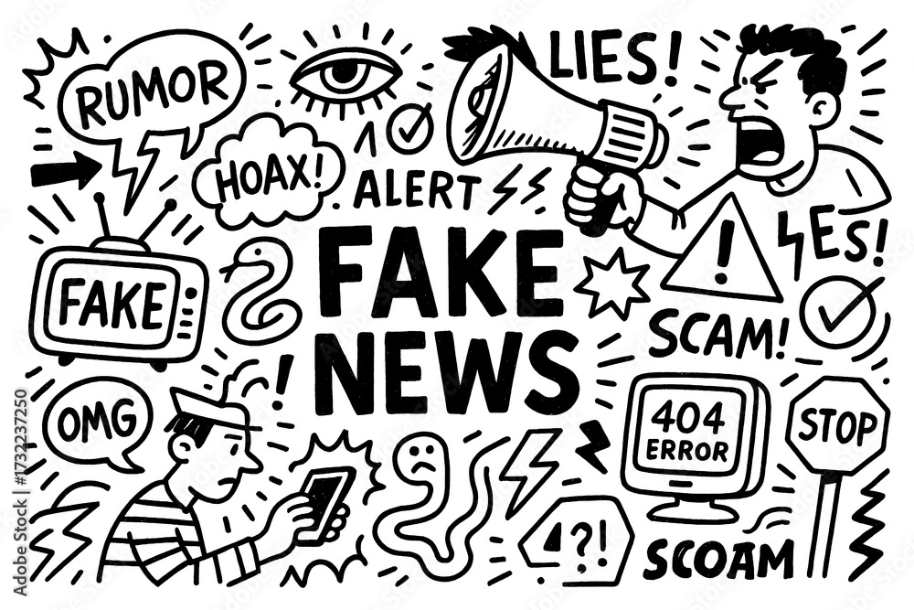 Fototapeta premium Hoax and fake news doodle composition with warning icons and disinformation symbols, Transparent Background