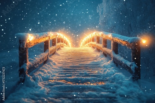 Snowy path illuminated at night.