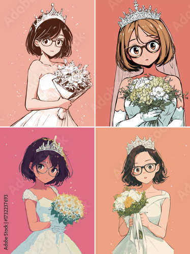 Four young women in elegant wedding dresses are holding floral bouquets. Each has a unique hairstyle and crown, showcasing their individual beauty in a cheerful, colorful setting.