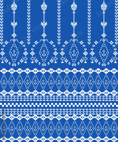 Intricate blue and white geometric tribal textile pattern with symmetrical traditional embroidery inspired decorative design
