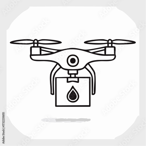 A simple drone delivery icon carrying a package, a futuristic shipping and logistics line art vector illustration that is a flag for modern transport