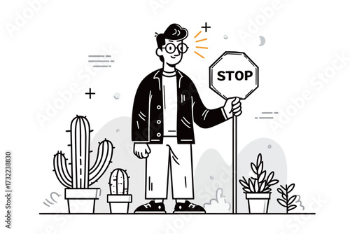 A young person stands outdoors, holding a stop sign. Surrounded by various potted plants, the scene conveys a bright, cheerful atmosphere in a sunny environment.