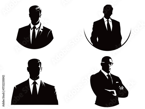 Four silhouettes of business professionals, all dressed in formal suits. Each silhouette presents a unique pose demonstrating confidence and style.
