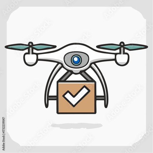 Flag of a delivery drone carrying a package, vector illustration with a checkmark on the box symbolizing completion and success of a drone service