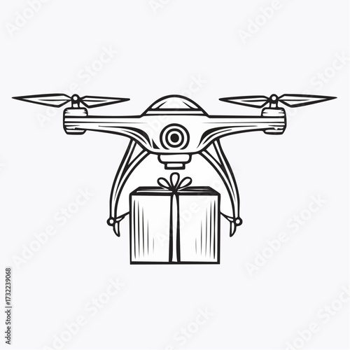 Vector illustration of a drone carrying a package, delivery concept, flag, and modern technology