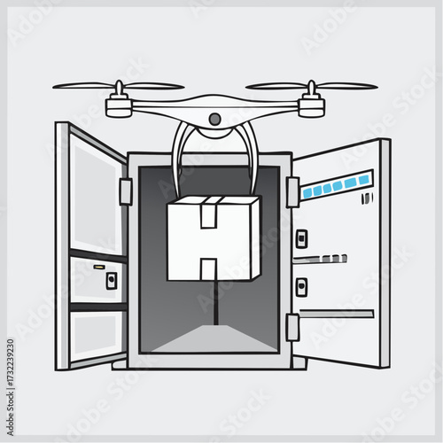 Vector illustration of a drone delivering a package to a smart locker, representing modern logistics and e-commerce technology
