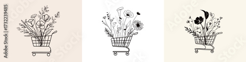 Three shopping carts display artistic arrangements of different flowers and plants against simple backgrounds. The designs highlight creativity and nature.