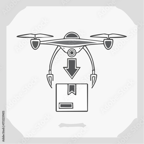 The new flag of modern logistics, a futuristic drone delivering a package as a clean line art vector illustration for autonomous shipping