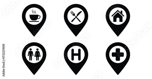 Set of six black location pin icons with symbols for café, restaurant, lodging, restroom, hospital, and medical services, ideal for maps and guides
