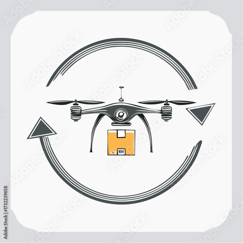 Futuristic drone delivery system vector illustration, with a quadcopter carrying a package encircled by arrows, flagging efficient logistics and technological advancement