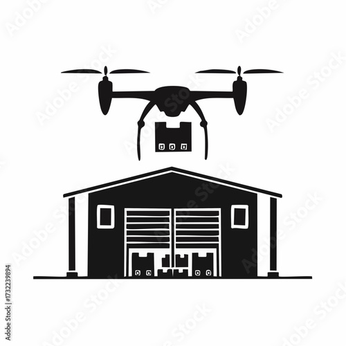 Vector illustration of a drone delivering packages to a warehouse, a flag concept for efficient logistics