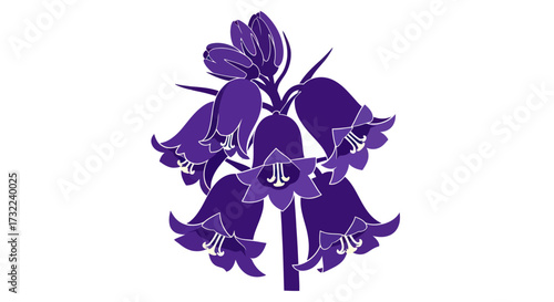 Deep purple stylized bell-shaped flowers on a white background