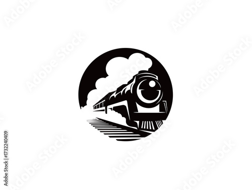 This artwork features a vintage steam train depicted in black and white, surrounded by clouds and train tracks, capturing the essence of classic rail travel.