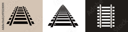 Three illustrations show train tracks from different perspectives. The tracks lead straight ahead, emphasizing depth and simplicity in design.