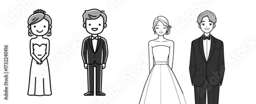 Two couples wear elegant formal clothing, one man in a tuxedo and one in a suit, alongside women in beautiful gowns, preparing for a festive occasion.