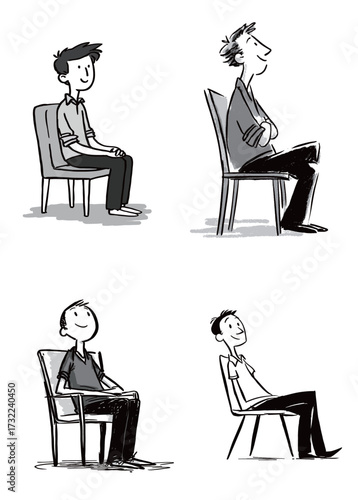 Multiple men are shown sitting on chairs with different postures and expressions. Each character displays a unique attitude and demeanor in a minimalistic style.