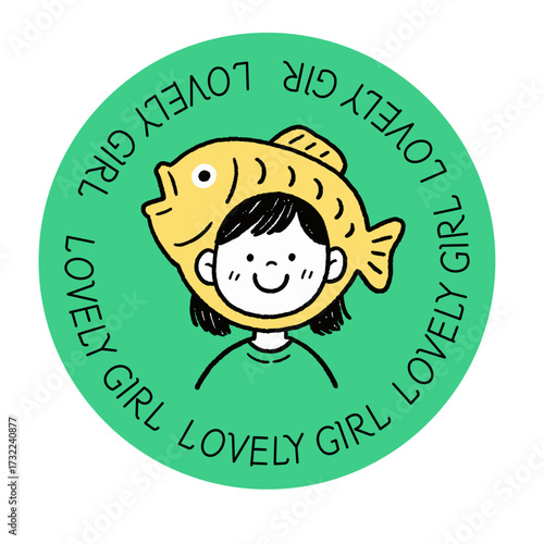 Cute Girl with Fish Hat Vector Illustration, Hand Drawn Cartoon Design