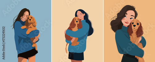 Woman holds her fluffy dog close while smiling in different poses. Bright colors enhance the joyful connection between them, capturing a warm moment of affection.