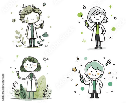 Four animated characters in lab coats are engaged in scientific activities. They each hold test tubes and are surrounded by plants and whimsical elements, promoting curiosity.