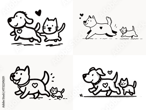 These cheerful illustrations show playful dogs and cats running happily side by side, symbolizing friendship and joy. The designs feature hearts, adding warmth to the scene.