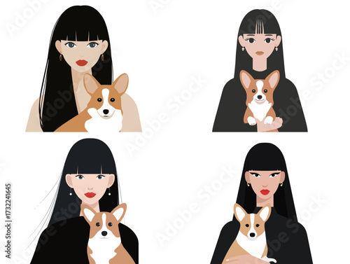 A woman with long black hair poses with a corgi in various styles. Each illustration highlights her fashionable look and the dogs playful charm.