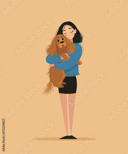 A woman embraces her furry companion, smiling softly while holding the golden-brown dog close. The background features a warm, light color that enhances their bond.
