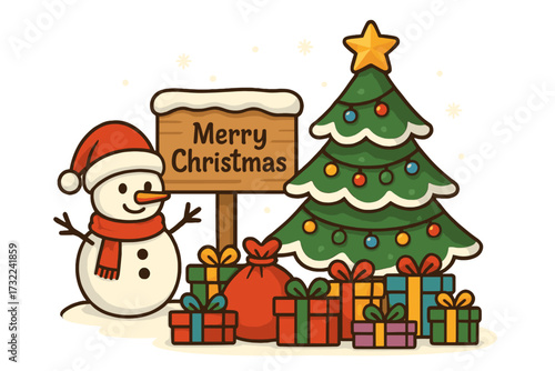 Joyful Snowman Christmas Tree Gifts Merry Season Holiday Celebration Isolated on Transparent Background