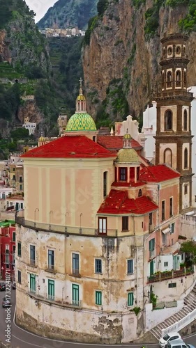 Aerial view of Atrani of the famous Amalfi Coast, Italy. Famous tourist resort of the Amalfi coast
