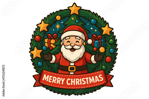 Joyful Santa Claus Wreath Christmas Holiday Greeting Isolated on Transparent Background