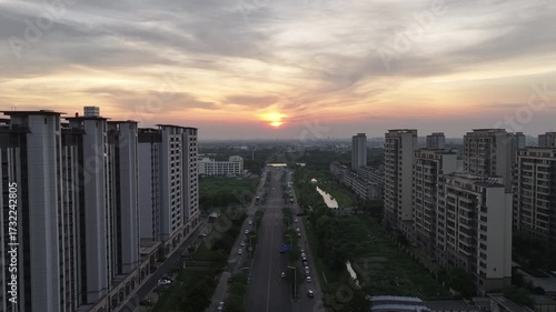Sunset view of the road scenery in the residential area